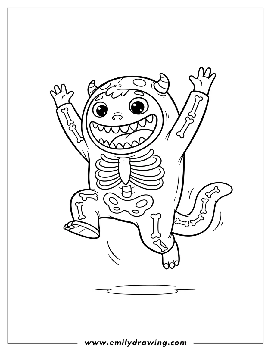 Free printable coloring sheet of easy outline monster character in a skeleton costume with a wide toothy grin, jumping