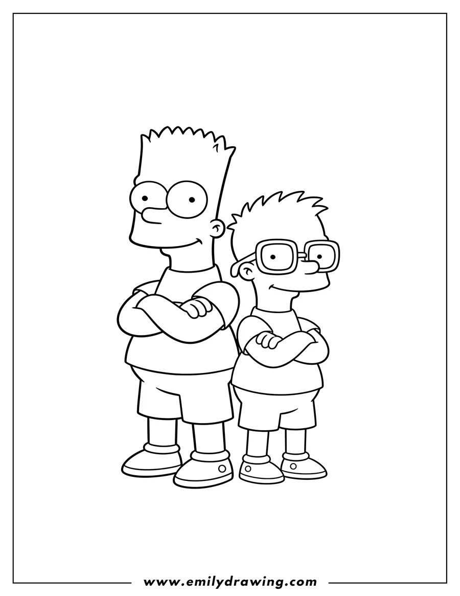 Doodle style coloring picture of bart And Milhouse Scaled, standing back-to-back with arms crossed