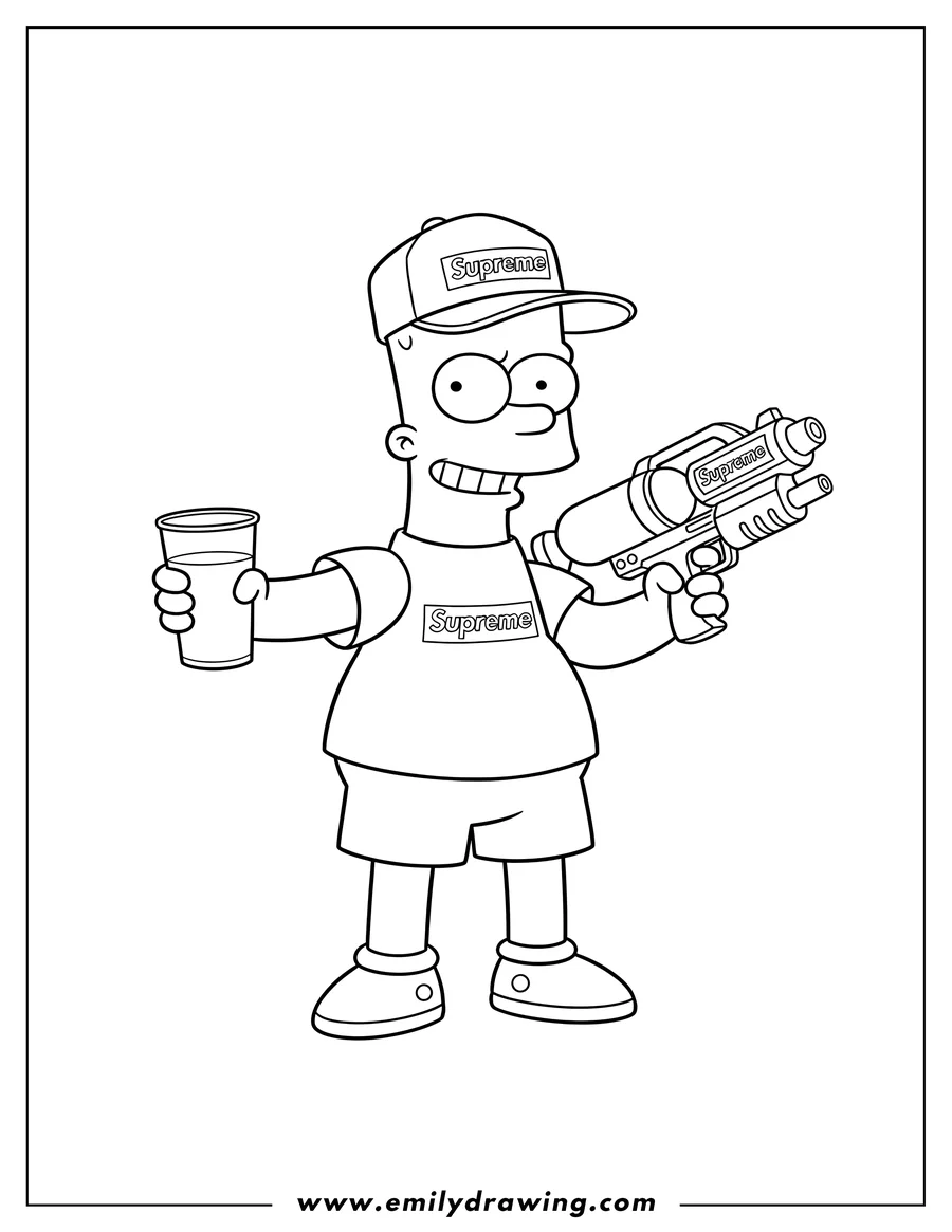 Black and white line art of bart Simpson wearing a Supreme cap and shirt, holding a cup and a Supreme water gun