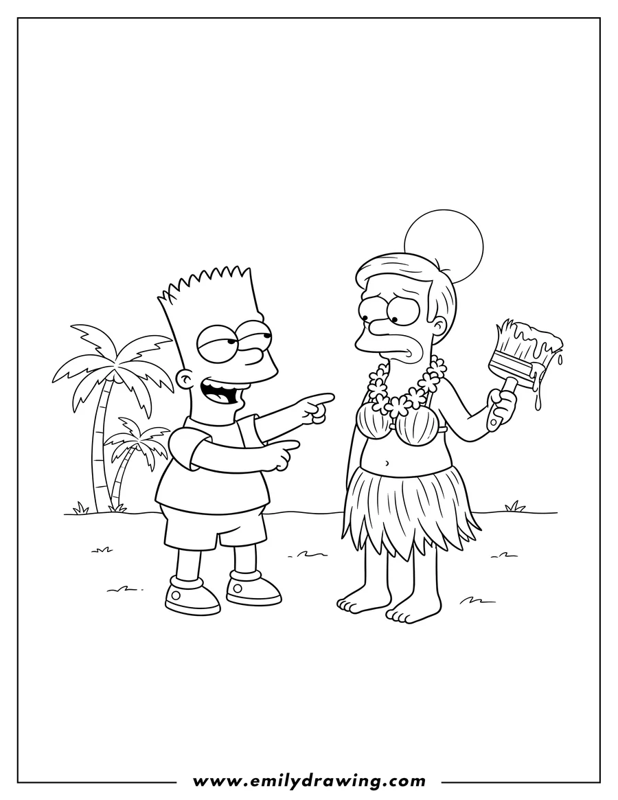 Free printable coloring sheet of bart Simpson making fun of Ned Flanders dressed in a hula costume, holding a paintbrush