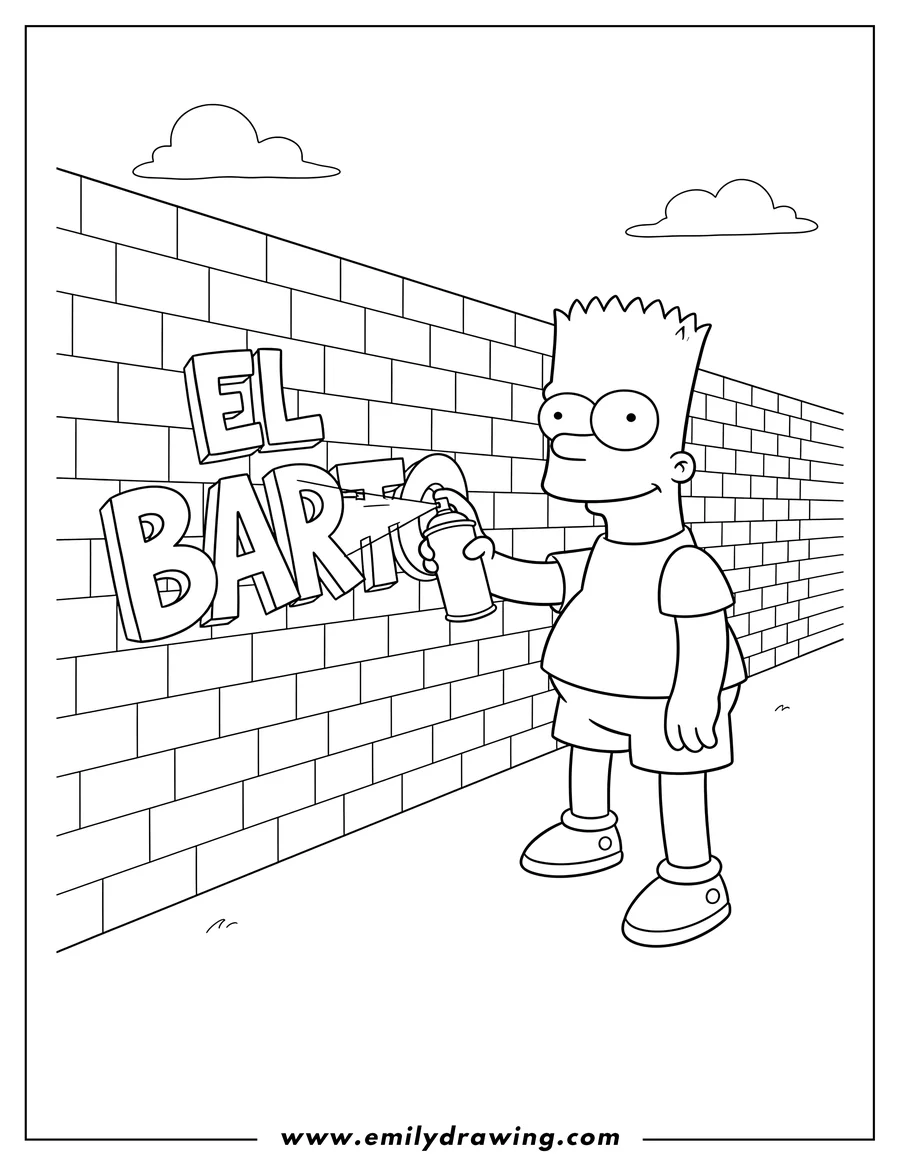 Clean line drawing: bart Simpson holding a spray paint can, painting El Barto on a brick wall