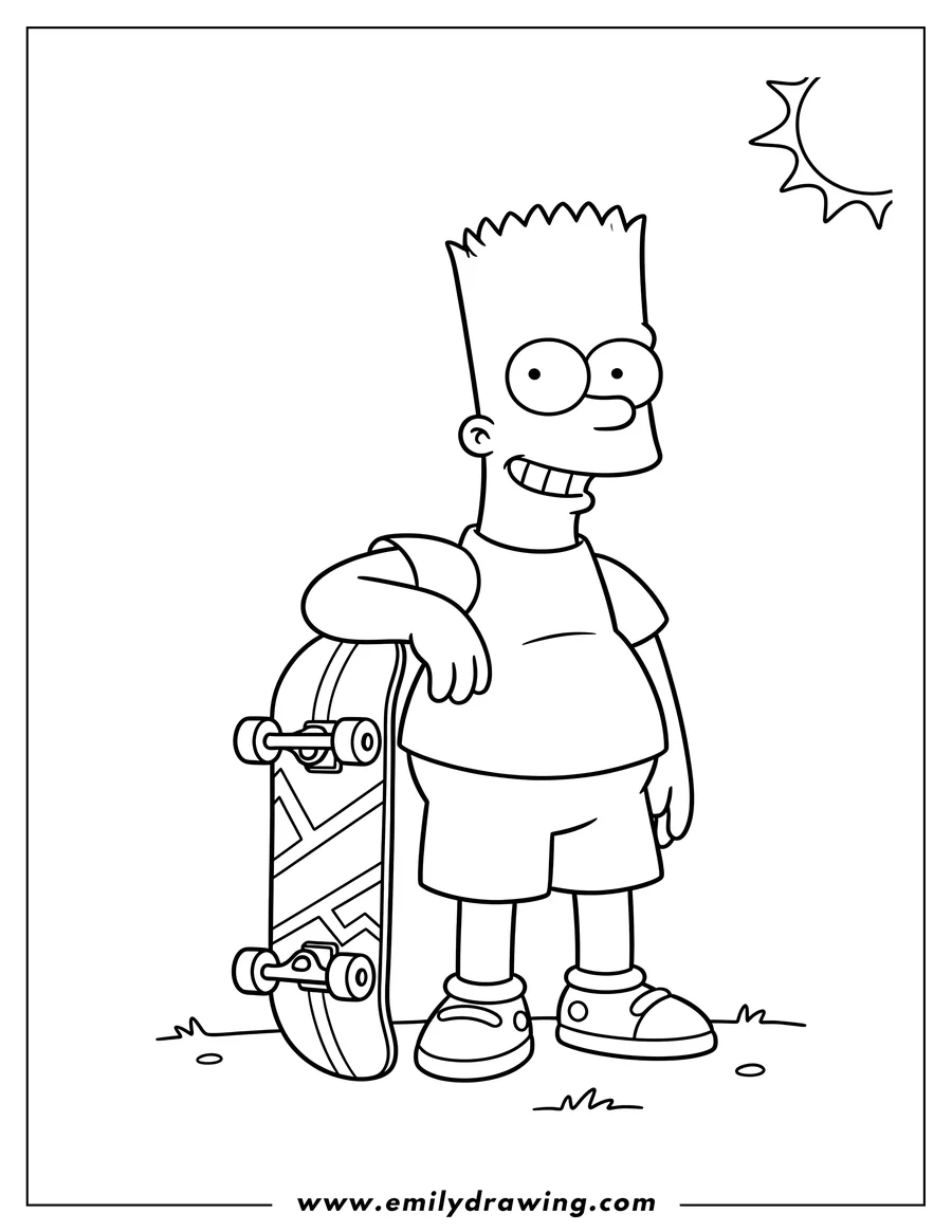 Printable coloring page of bart Simpson smiling, leaning on his skateboard