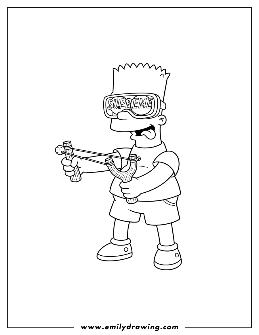 Doodle style coloring picture of bart Simpson wearing Supreme goggles, sticking his tongue out, and aiming a slingshot