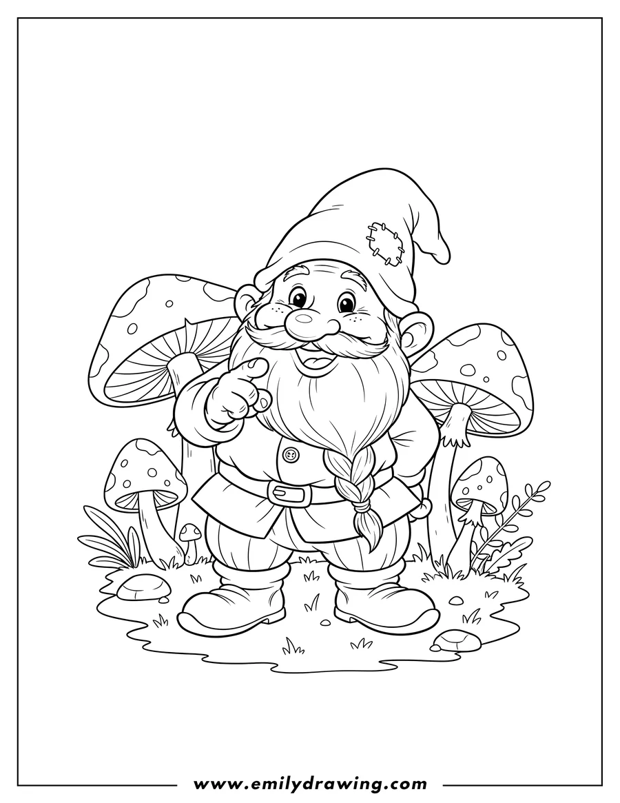 Full page coloring image of bashful Dwarf smiling and pointing his finger, surrounded by mushrooms