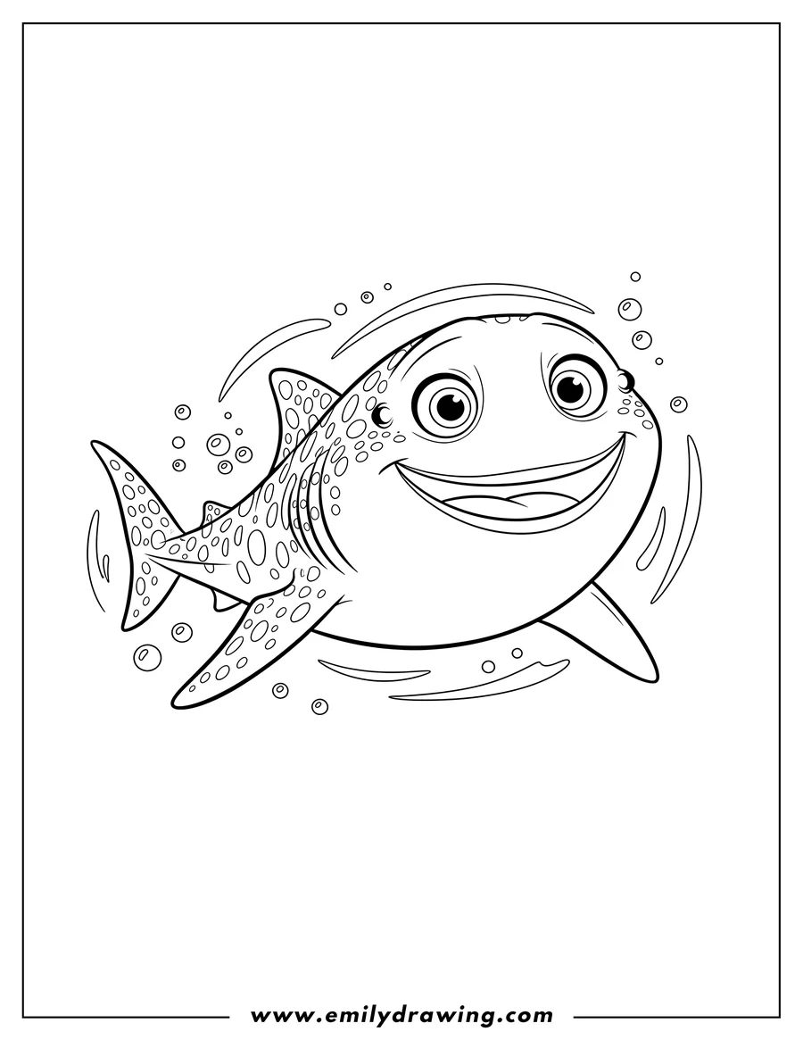 Doodle style coloring picture of basic Finding Dory Destiny Outline Preschoolers, smiling whale shark with swirly eyes