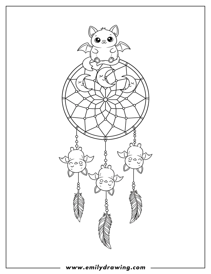 Line art of a happy bat sitting on a dream catcher with sleeping crescent moons, and three more small bats hanging upside down from the dream catcher with feathers.