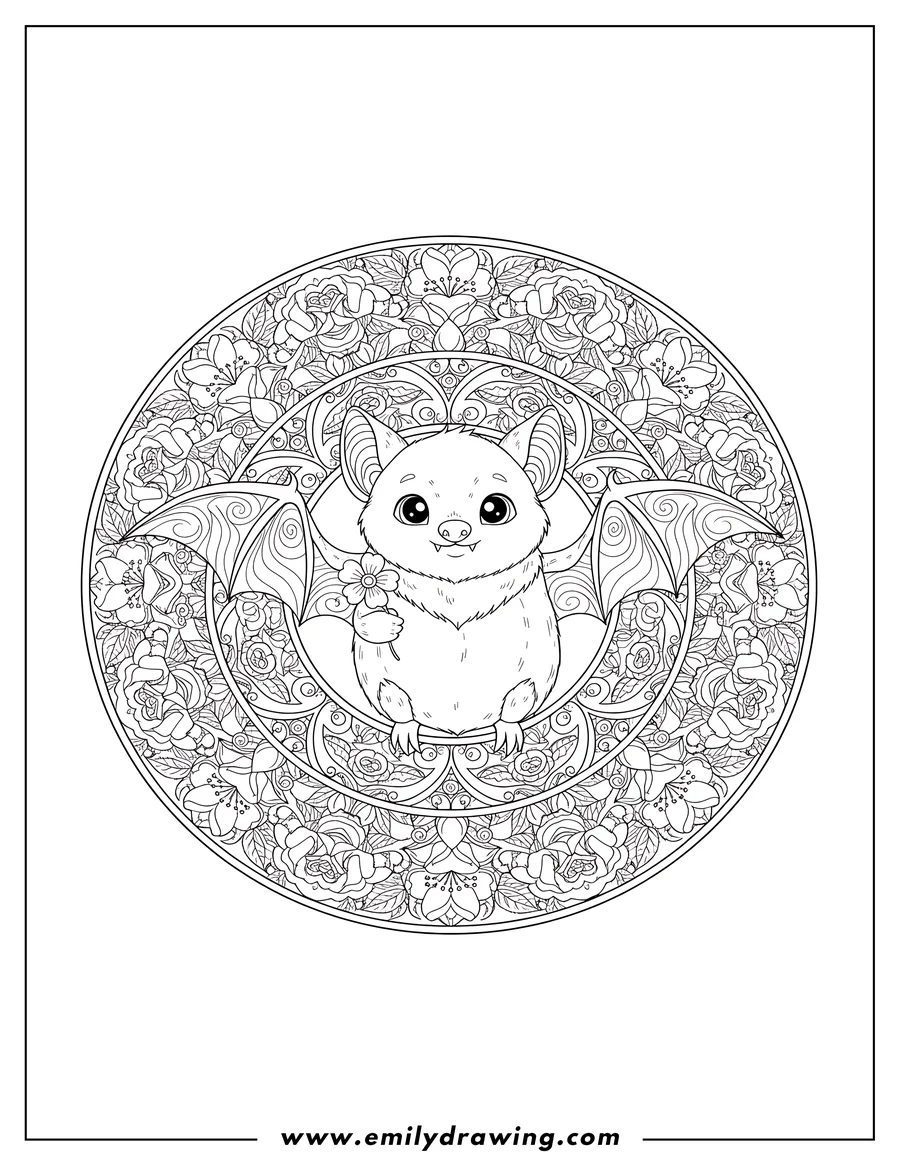 Line art of a cute bat holding a flower, centered within an intricate circular mandala pattern filled with flowers and leaves.