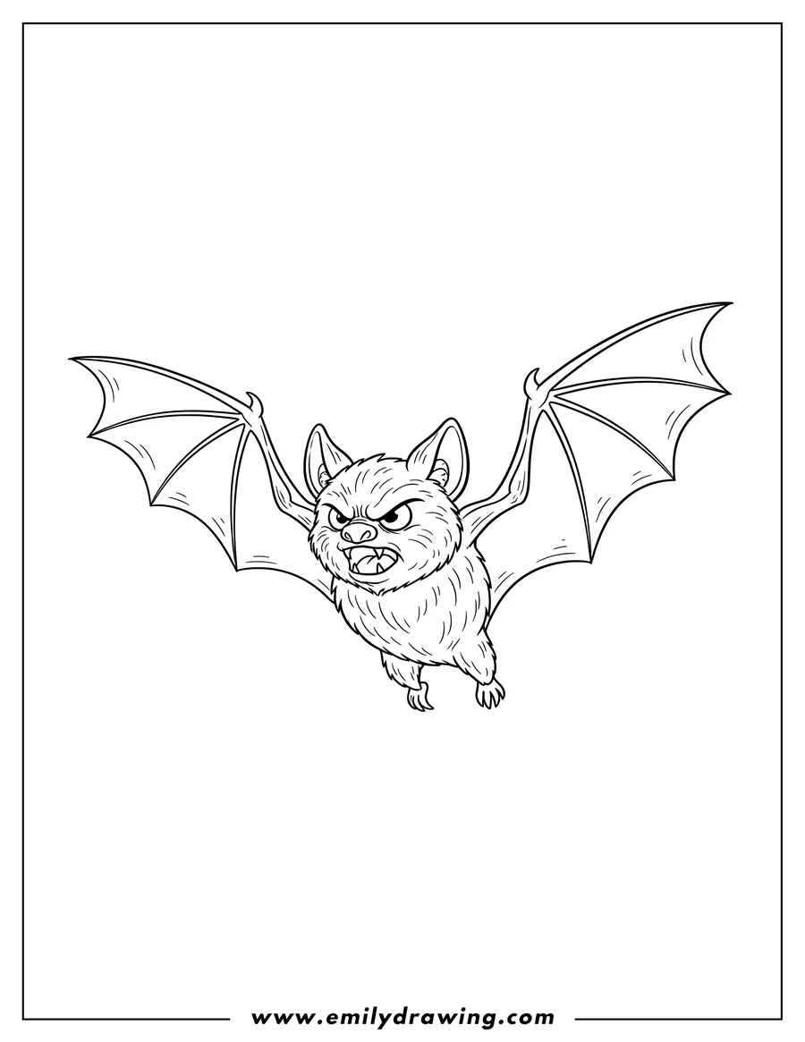 Line art of a bat flying with its wings spread, showing an angry or grumpy facial expression.