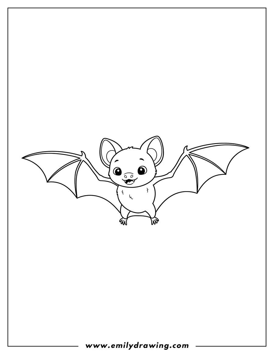 Outline of a cartoon bat with its wings spread wide, looking forward with a happy expression.
