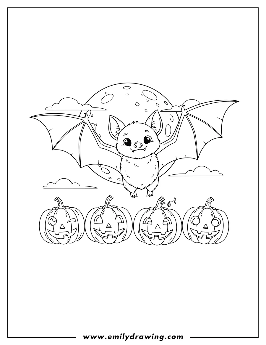 Line art of a cartoon bat with outstretched wings flying in front of a full moon, above a row of four jack-o'-lantern pumpkins.