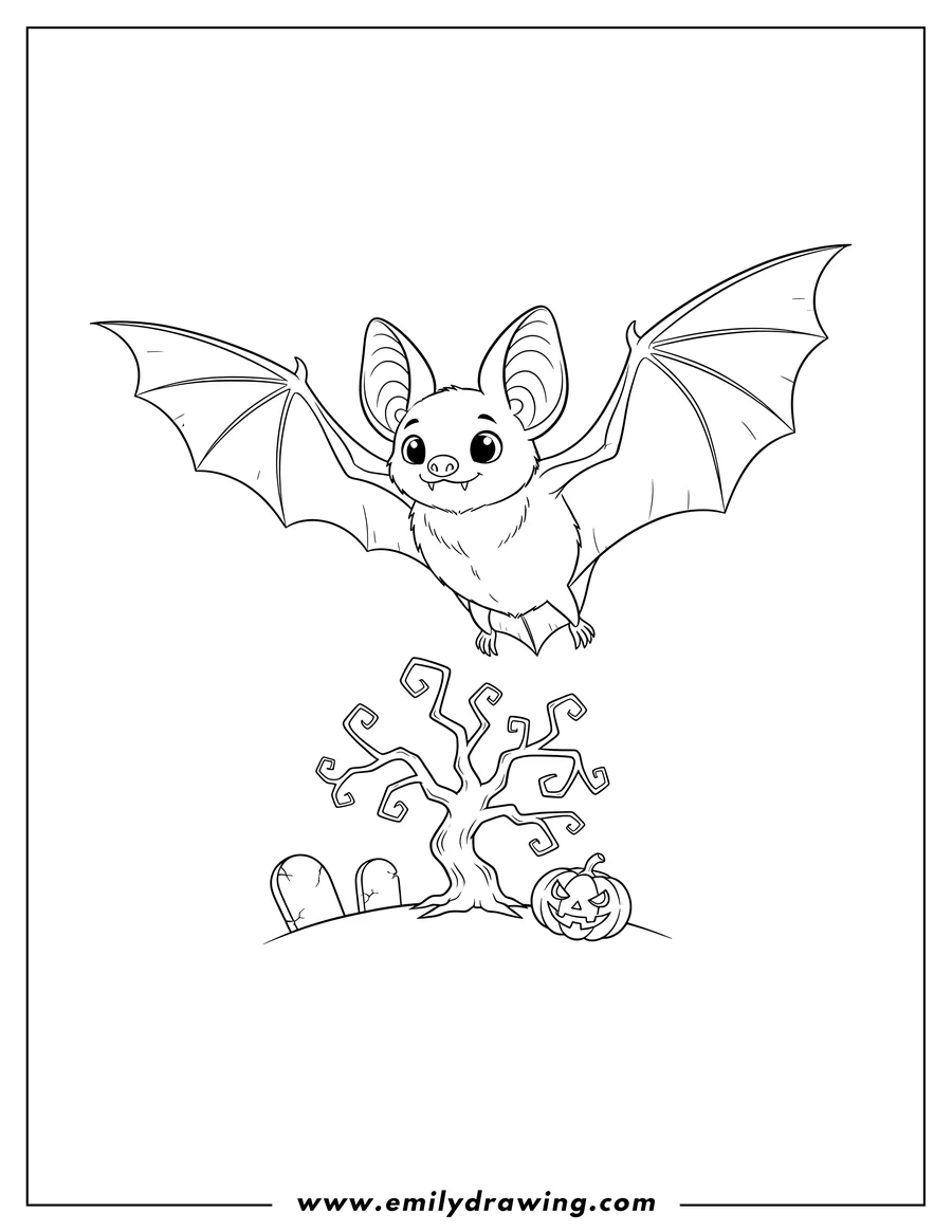 Line art of a friendly bat flying above a gnarled, spooky tree, a jack-o'-lantern, and two gravestones.