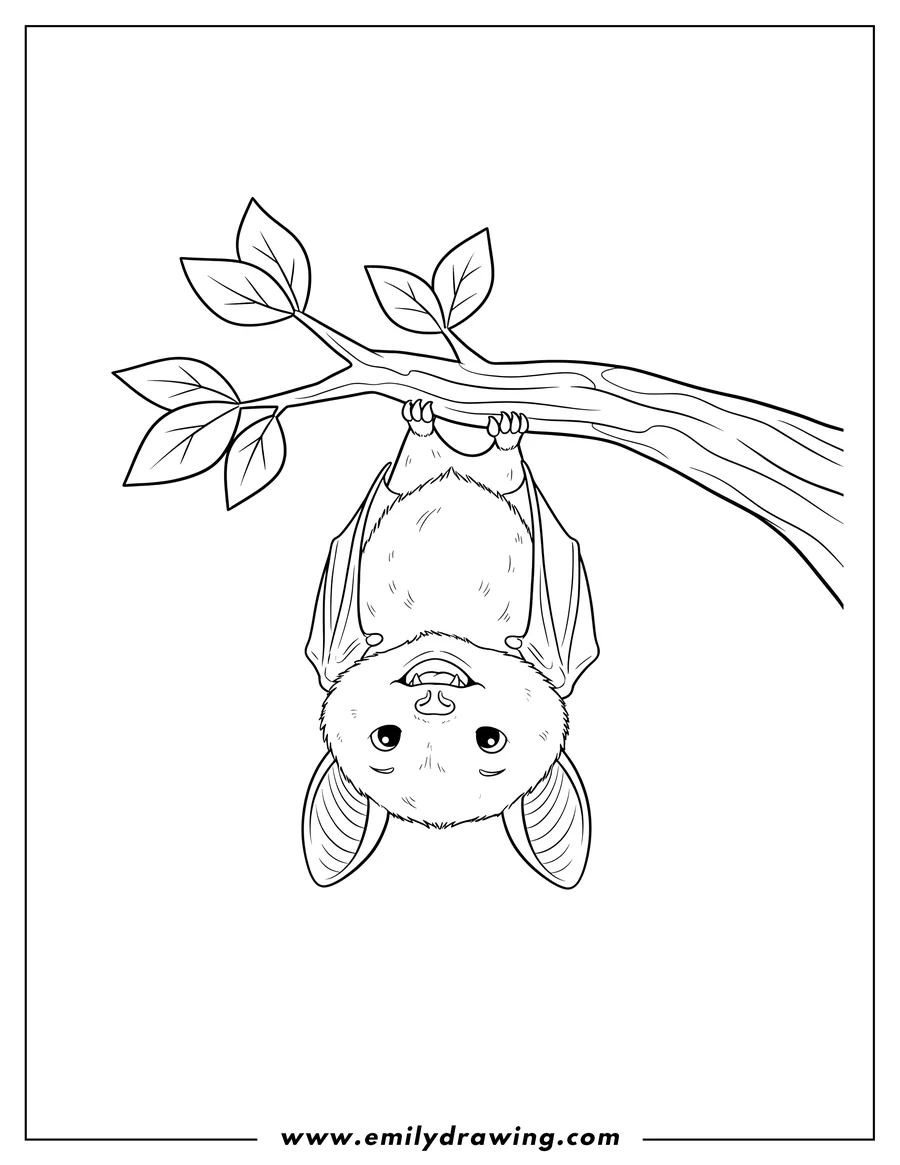 Line art of a smiling bat hanging upside down from a tree branch with leaves.
