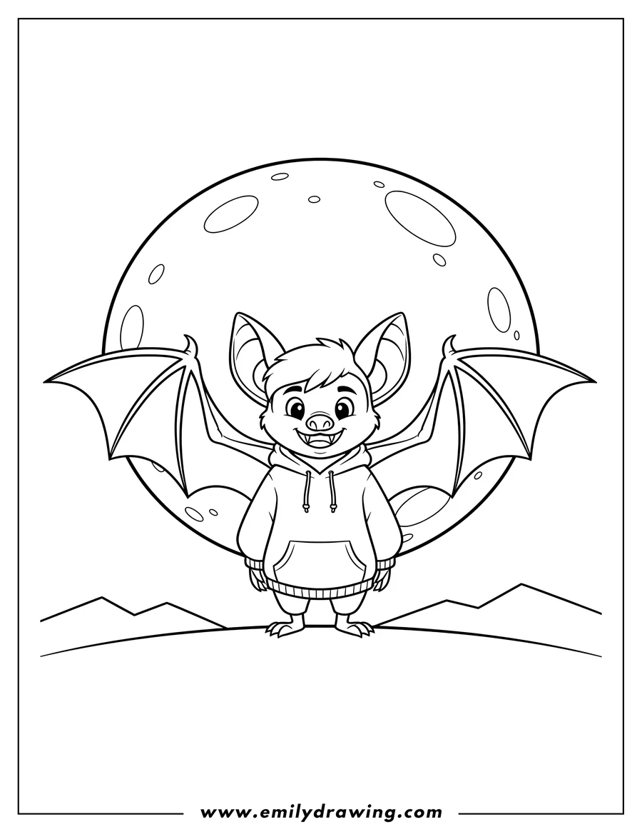 Line art of a cartoon bat wearing a hoodie, standing in front of a large full moon with craters, above a simple landscape line.