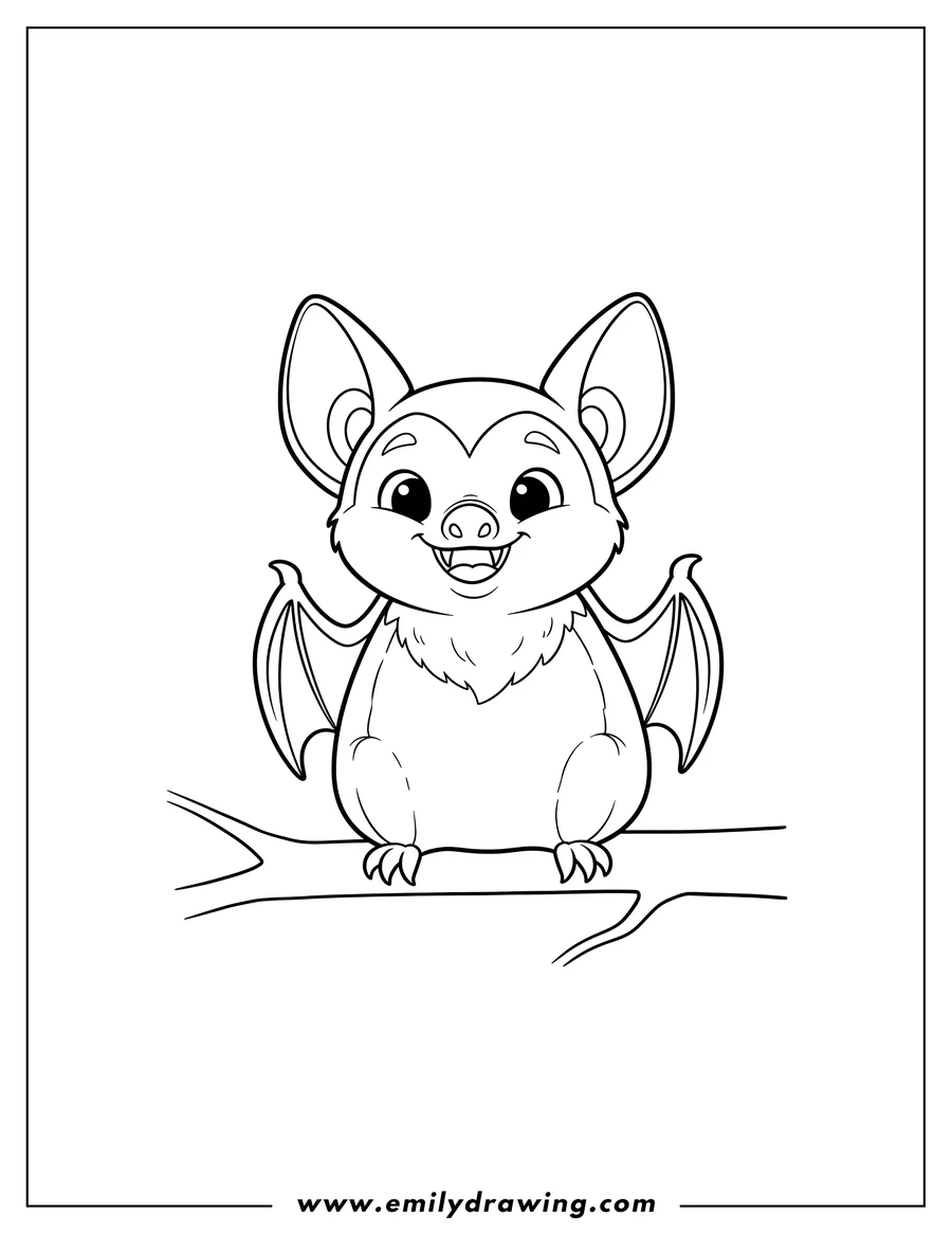 Line art of a cartoon bat with large ears and small fangs, sitting on a tree branch and smiling.
