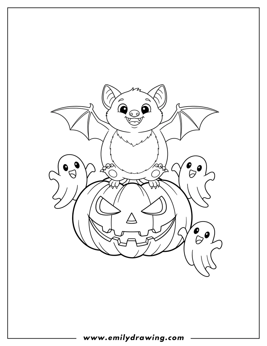 Outline of a cheerful bat with its wings spread, perched on a grinning jack-o'-lantern, surrounded by three small, smiling ghosts.