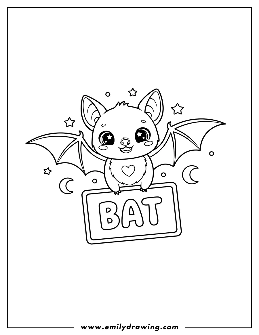 Line art of a cartoon bat with large sparkly eyes, holding a sign that says 'BAT'. Stars and crescent moons float around it.