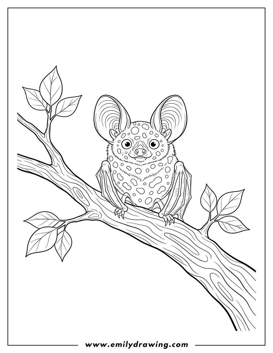 Outline of a bat with large ears and a spotted body, perched on a tree branch with leaves.