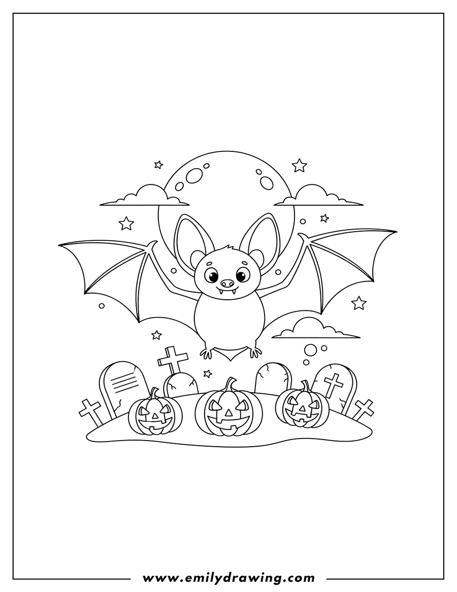 Line art of a bat flying in front of a full moon, with three carved pumpkins and several gravestones below it.