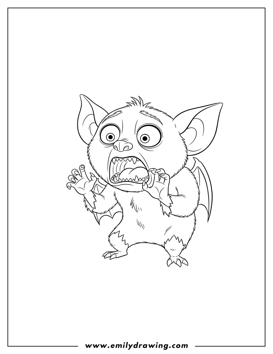 Line art of a cartoon bat with large eyes and ears, mouth wide open as if screaming, and small wings on its back.