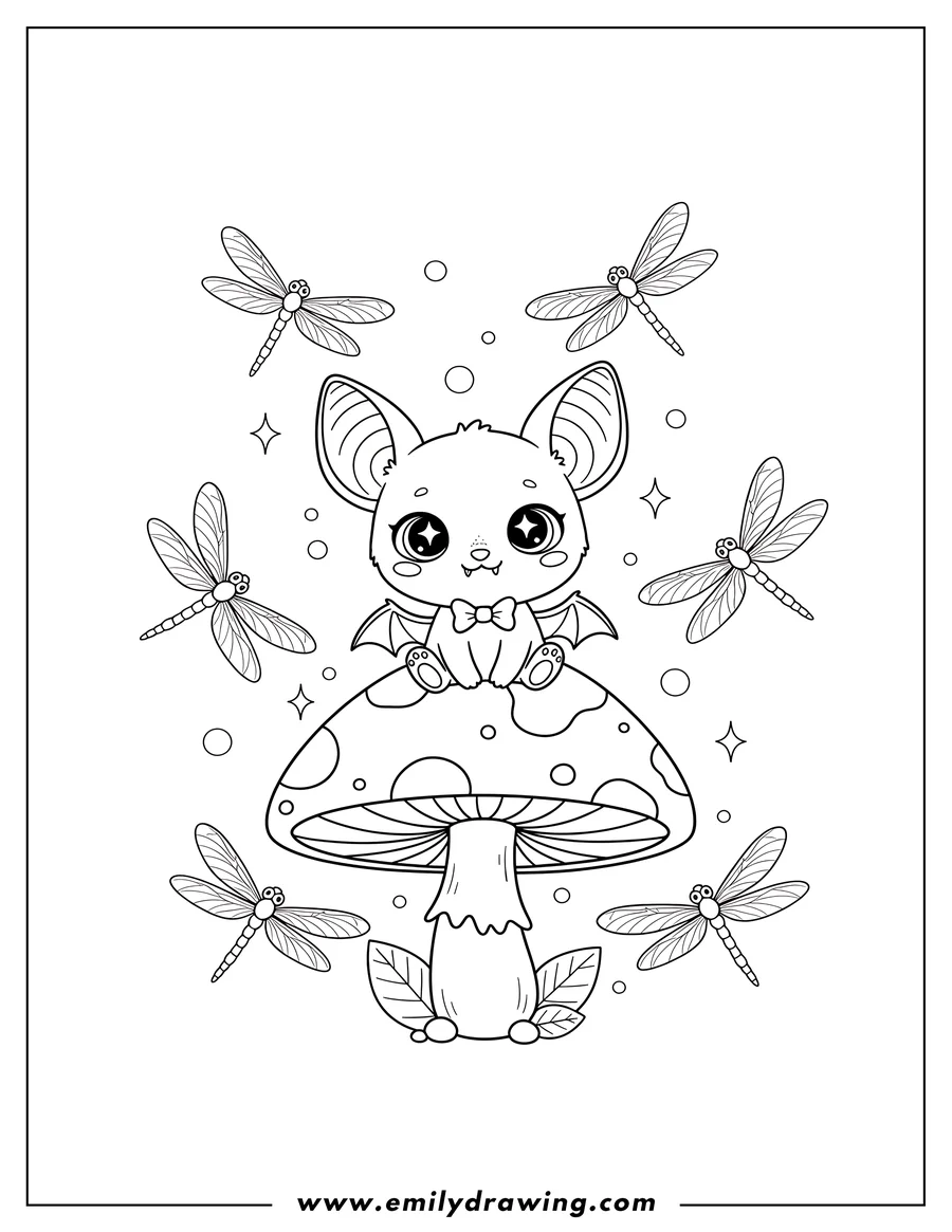 Outline of a cute bat with big eyes and a bow tie, sitting on a spotted mushroom, surrounded by flying dragonflies and small circles.