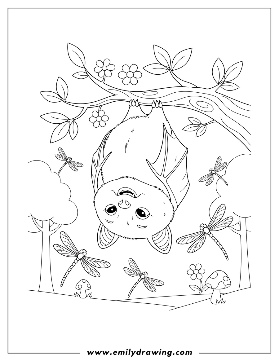 Line art of a bat smiling upside down while hanging from a tree branch, surrounded by several dragonflies, flowers, and mushrooms.