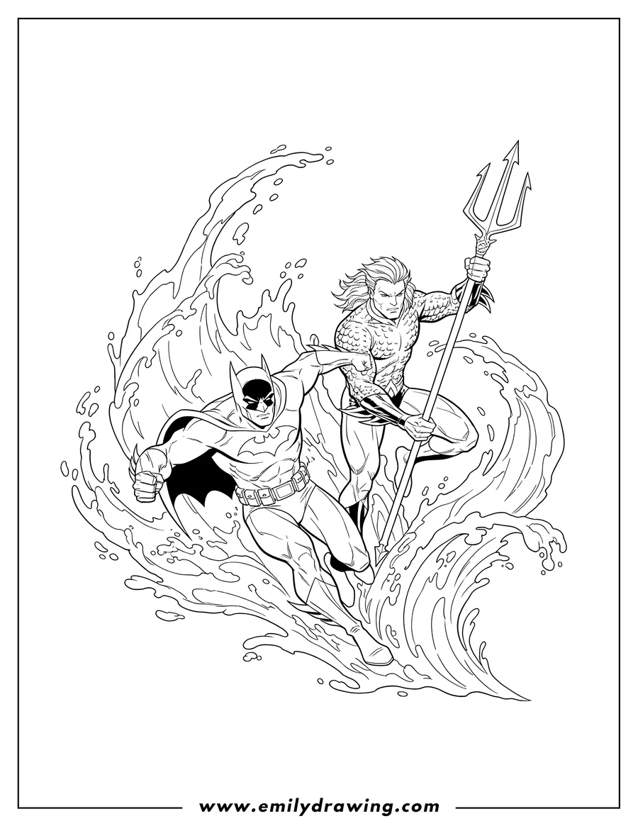 Outline drawing of batman and Aquaman lunging through splashing water, Aquaman wielding his trident