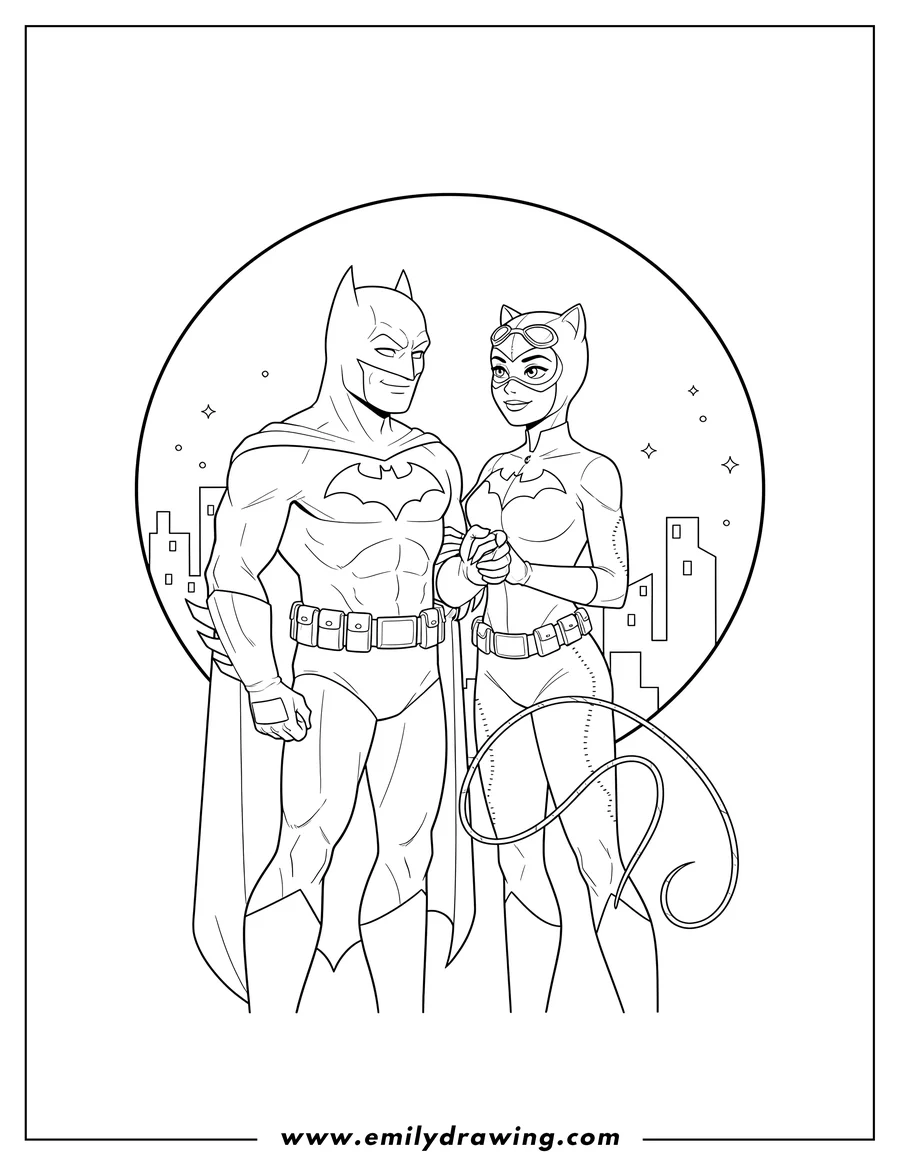 Printable line art of batman and Catwoman looking at each other, holding arms