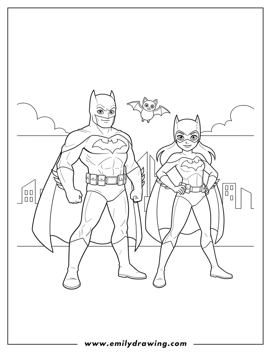 Coloring page for kids: detailed Batman and Batgirl posing, with a small bat flying