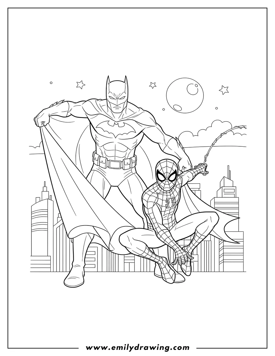 Coloring sheet featuring batman And Spider Man Scaled, with Spider-Man web-slinging and Batman holding his cape