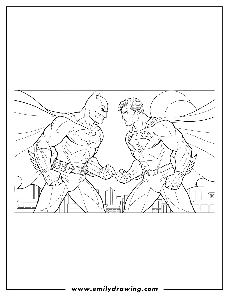 Linear illustration of batman and Superman standing face to face, ready for battle