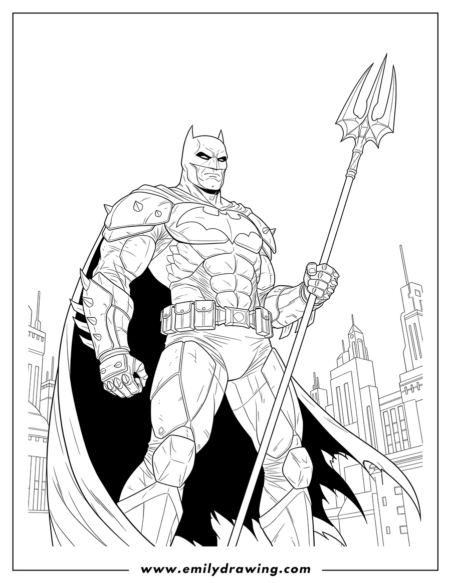 PDF style coloring page: batman Armored Batsuit Scaled, holding a spear, viewed from below