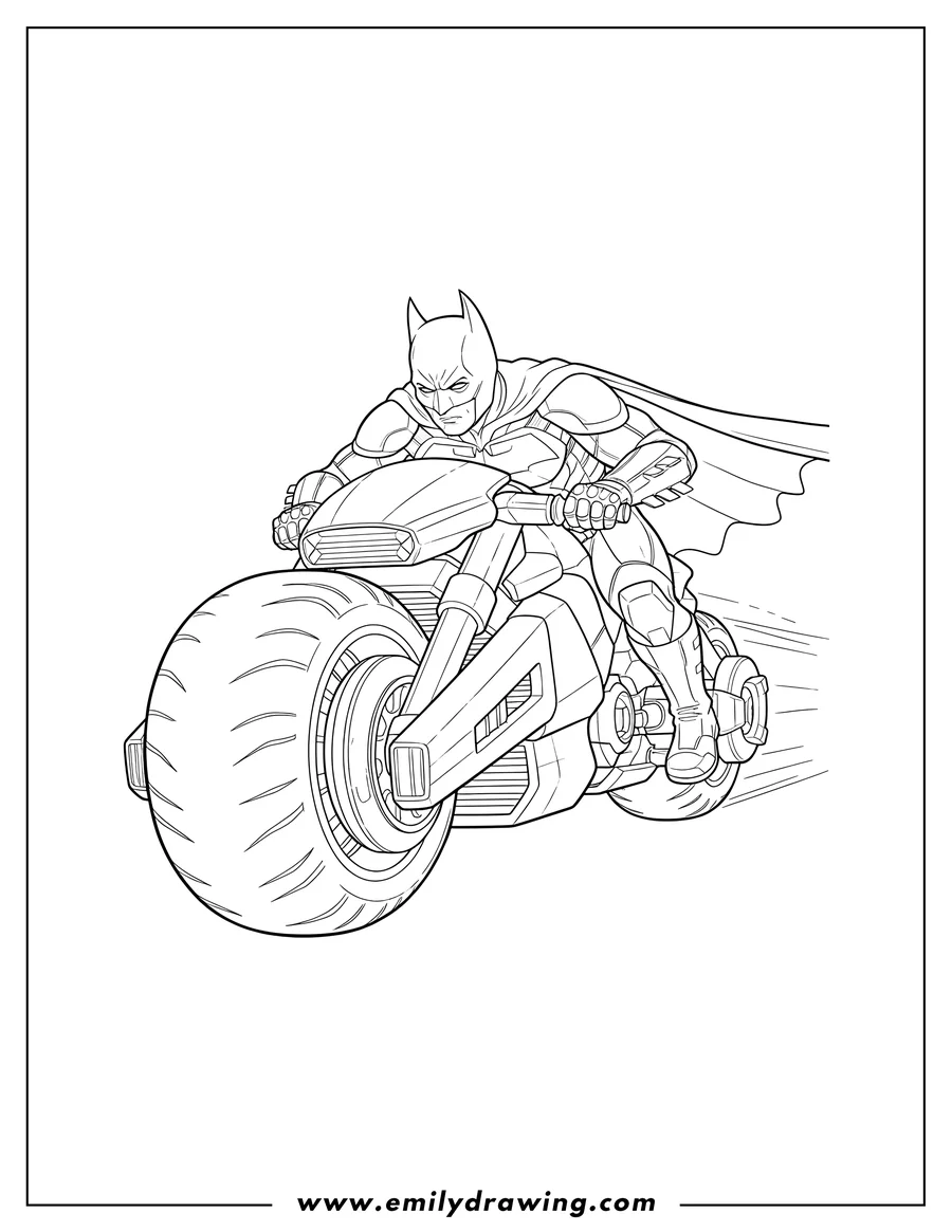 Vector style outline of batman on a Batpod Motorcycle from Dark Knight, leaning forward with a prominent front wheel