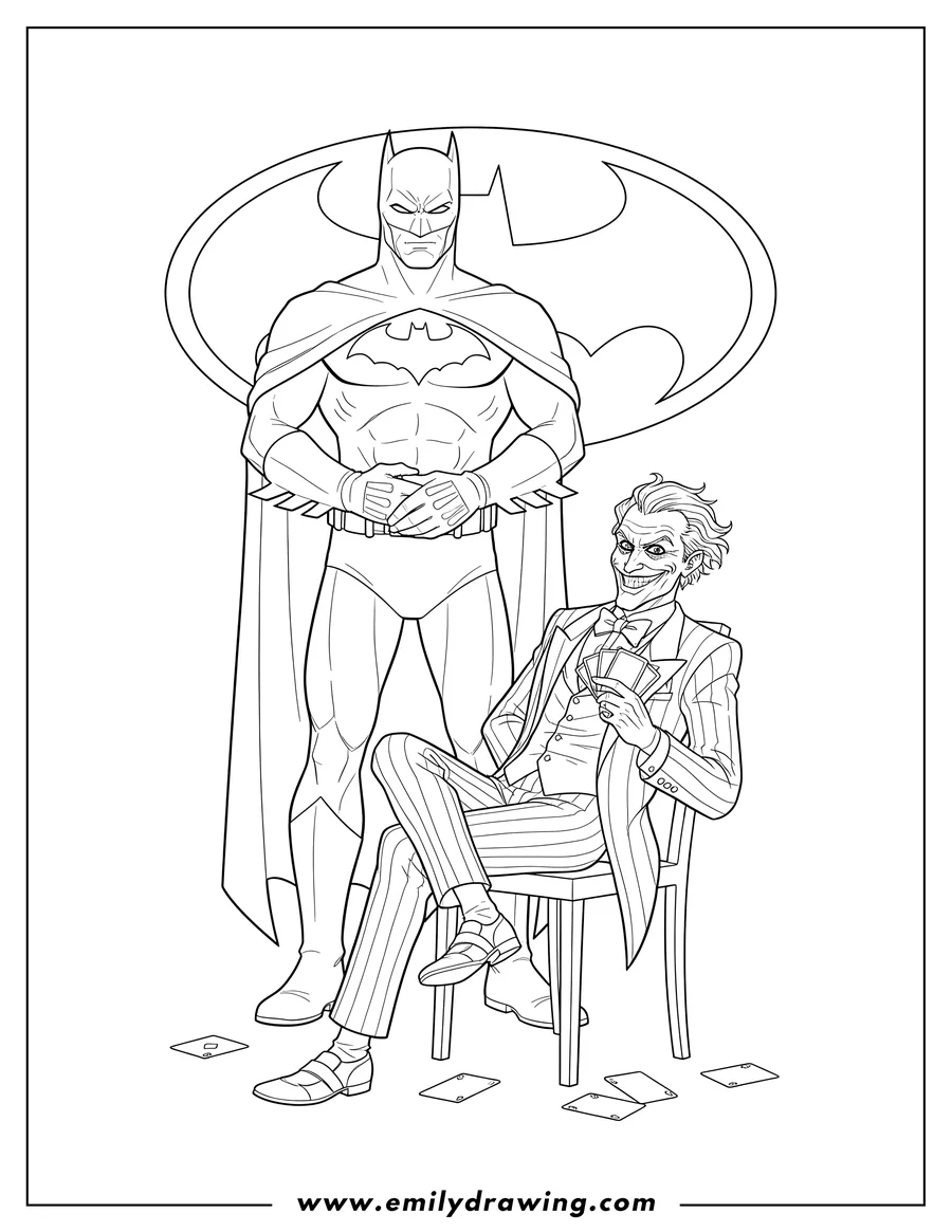 Free to print drawing of batman standing behind a seated Joker