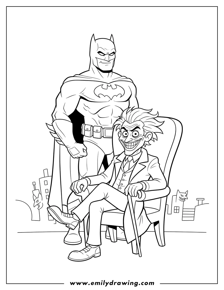 Full page coloring image of batman And Joker Scaled, with Batman standing behind the seated Joker who has a scarred smile