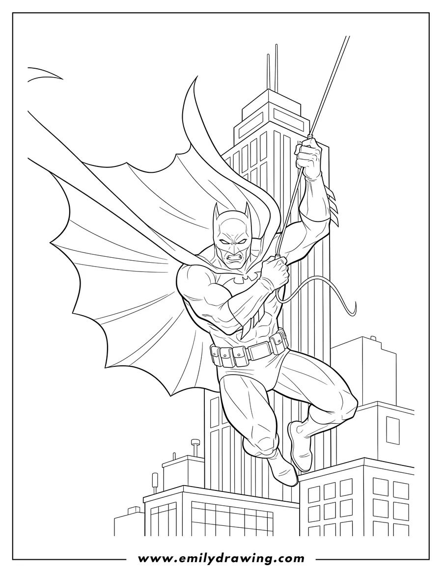 Free printable coloring sheet of batman With Cape Swinging From Building Scaled, holding a grappling line, with his cape dramatically flowing and a fierce expression