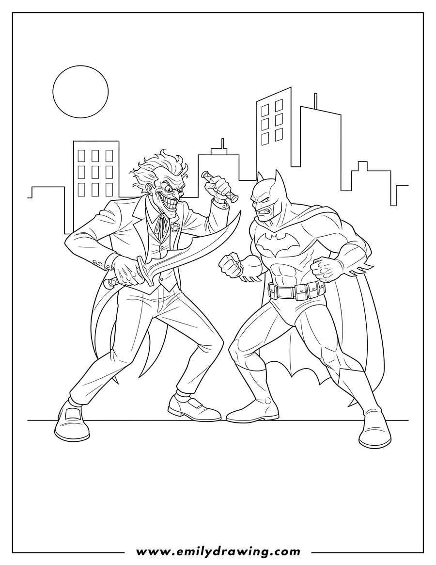 Printable coloring page of batman Vs Joker Scaled, Joker attacking with a blade, Batman grimacing and fighting back