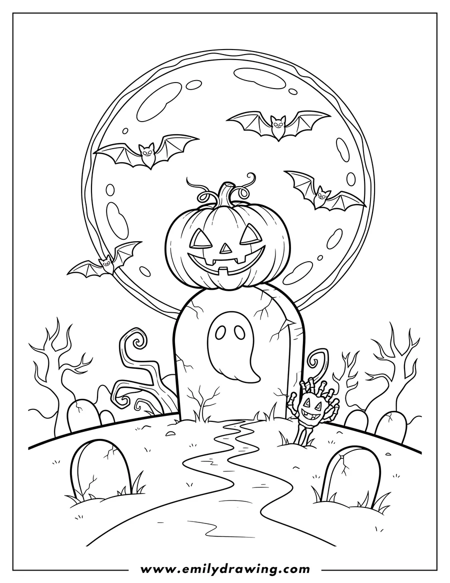 Line art of bats flying in front of a full moon, with a jack-o'-lantern on a tombstone that has a ghost on it, in a graveyard scene.