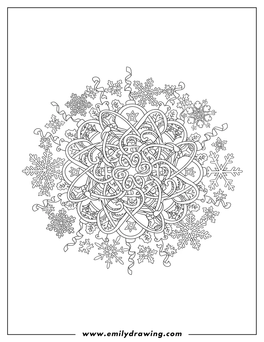 Downloadable coloring page of baubles, Mistletoes, and Snowflakes Christmas Mandala coloring page