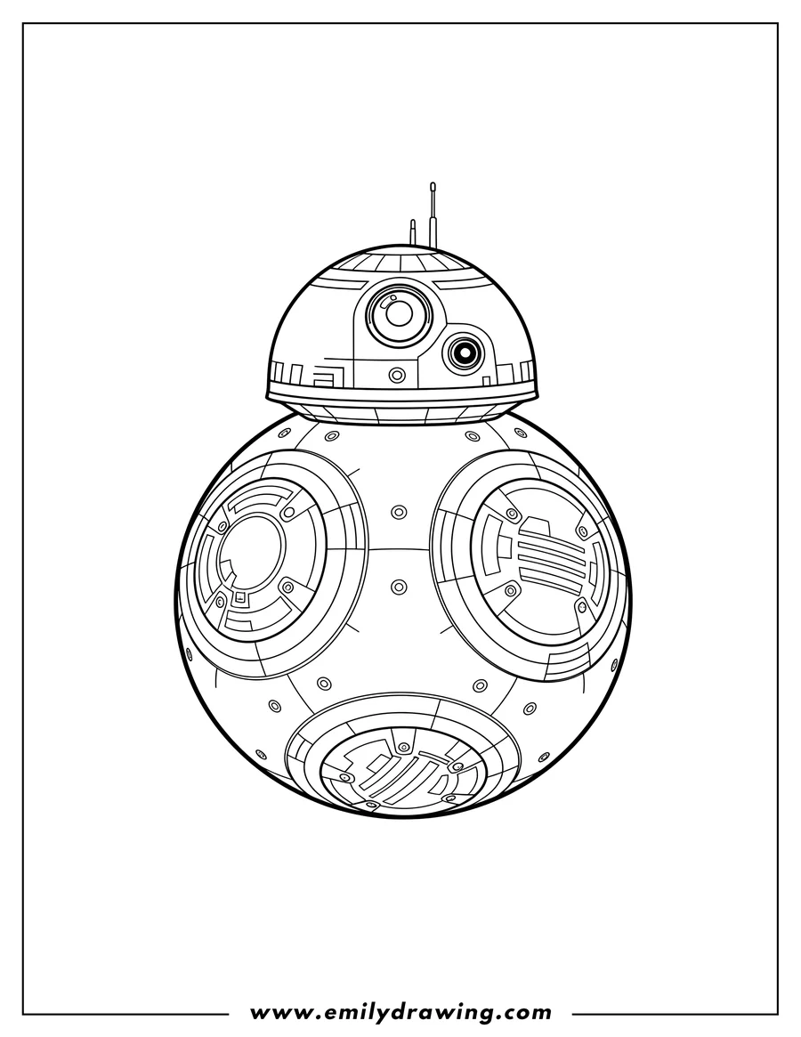 Linear illustration of bb8 Star Wars Robot coloring page, standing