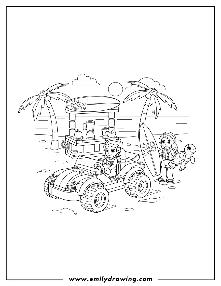 Free printable coloring sheet of lego Friends Beach Smoothie Stand With Niko And Nova, one driving a beach buggy and another holding a surfboard with a turtle