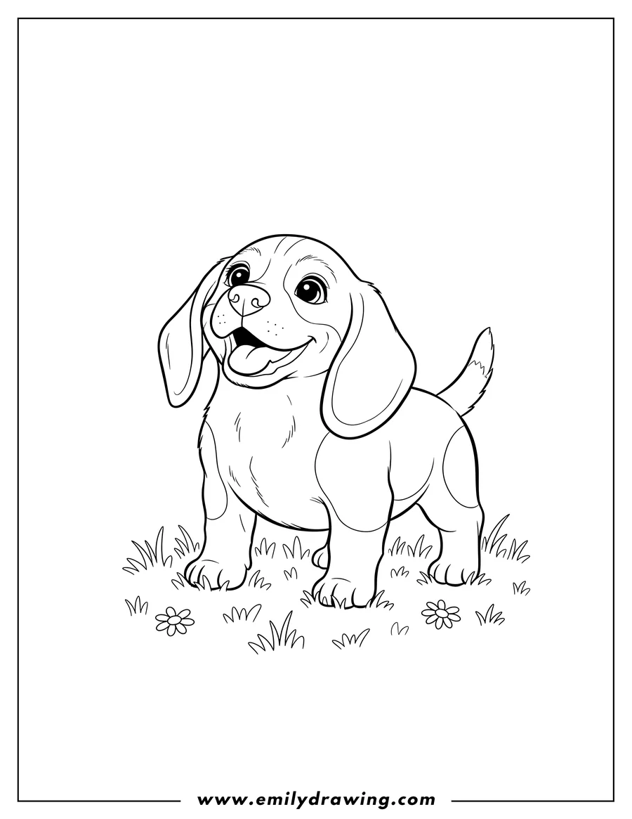 Doodle style coloring picture of beagle Puppy On Grass, standing and looking up happily