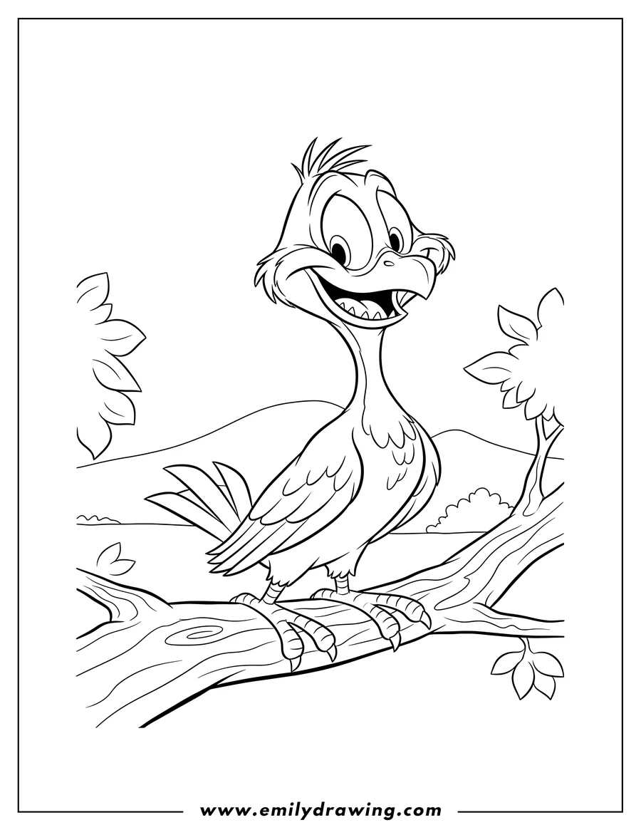 PDF style coloring page: beaky Buzzard Bird sitting on a branch and grinning, To Color Scaled