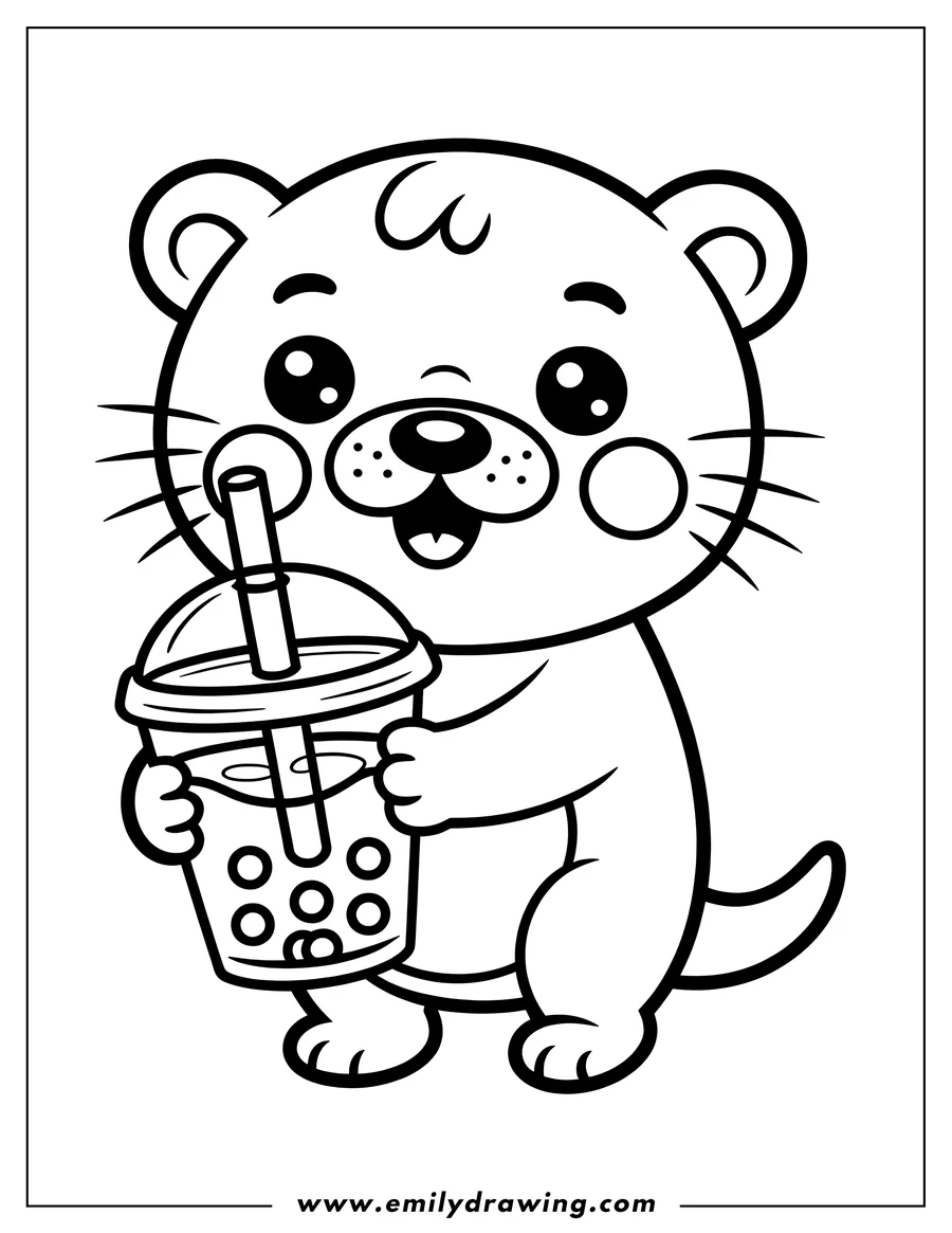 Line art of a cartoon bear holding a boba tea with a straw and tapioca pearls.