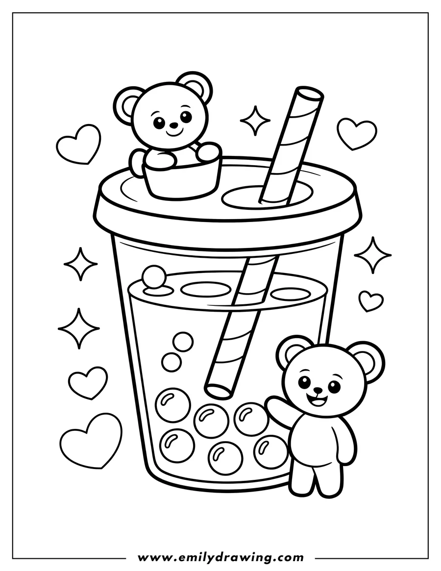 Line art of a boba tea drink with two cartoon bears. One bear is sitting in a small cup on top of the boba tea lid, and another bear is waving beside the boba tea cup.