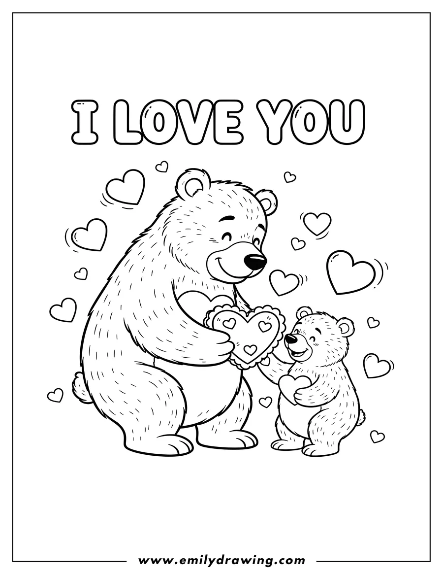 Free printable coloring sheet of I Love You Bear Family Sharing Heart Cookie, with I LOVE YOU written at the top, featuring a parent bear giving a heart-shaped cookie to a cub, surrounded by floating hearts