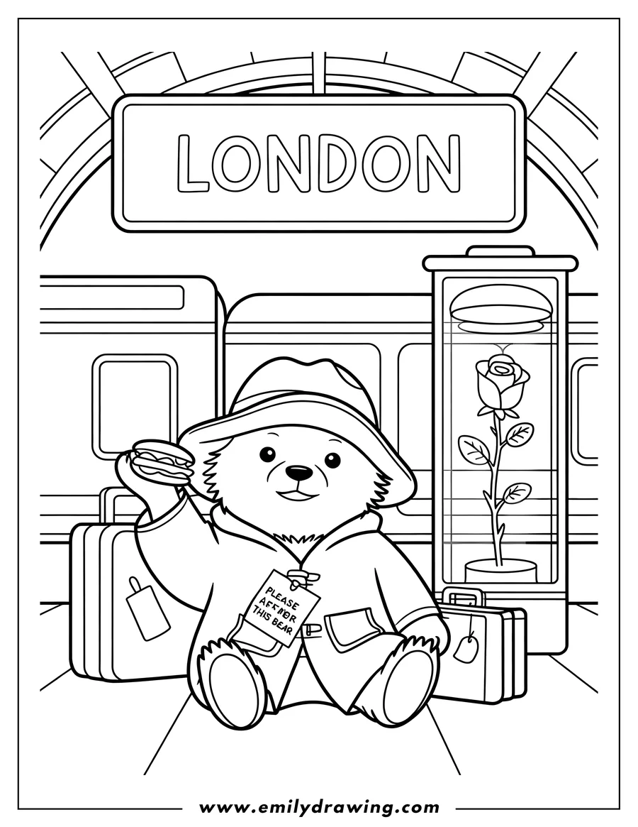 Black and white line art of bear