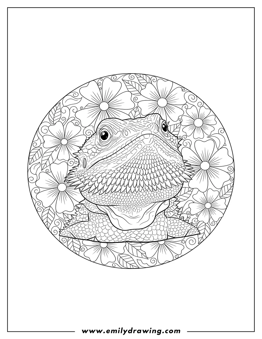 Coloring sheet featuring bearded Dragon looking up with spiky scales Inside Simple Floral Mandala