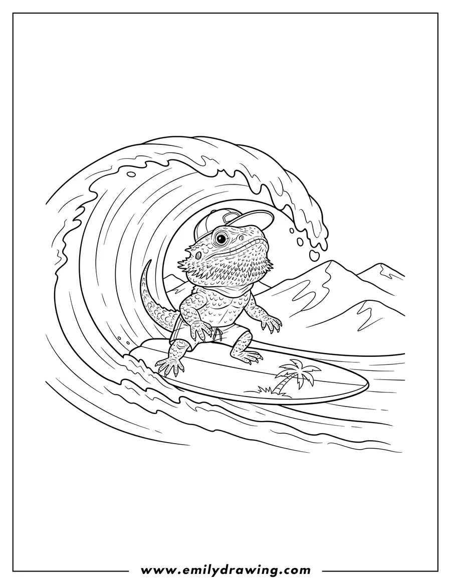 Printable coloring page of bearded Dragon on a surfboard, riding a large curling wave, with mountainous background
