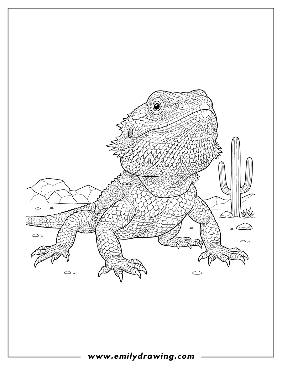 Doodle style coloring picture of bearded Dragon With Detailed Scales Desert, crawling, head raised