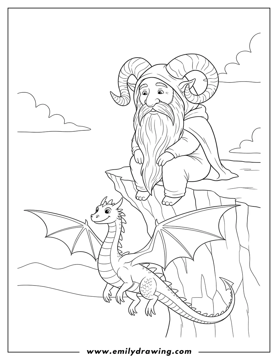 Black and white line art of bearded, horned creature looking down, sitting on a cliff edge with a flying dragon